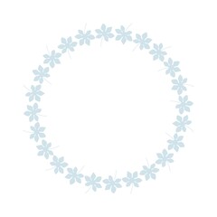 Circular wreath of light blue five-petal flowers with delicate stems and leaves, arranged symmetrically, decorative frame design perfect for invitations, posters and seasonal artwork © Lipitorika