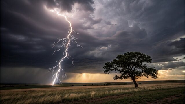 Dramatic lightning storm with tree in open field landscape
