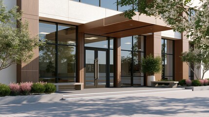 Fototapeta premium Modern contemporary commercial building entrance with large glass doors wooden panels and landscaped flower beds on bright sunny day