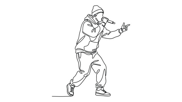 Continuous line drawing of a rapper performing on stage with a microphone.