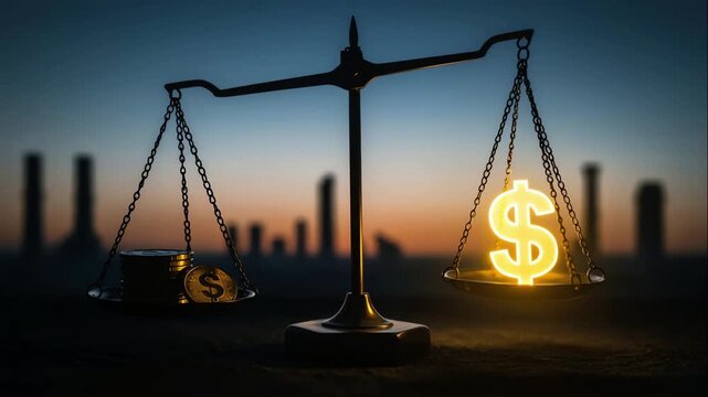 Balanced scales holding gold coins and glowing dollar sign against city sunset, money weight shows economic stability on dark background, urban skyline silhouettes appear behind heavy golden cash
