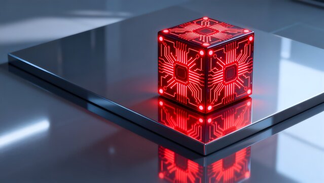 Red glowing circuit cube on reflective surface