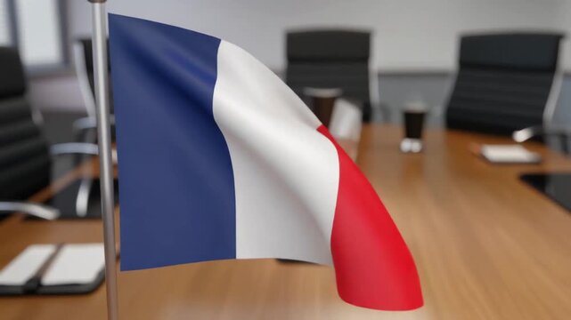 French flag on wooden conference table, blue-white-red vertical stripes, professional meeting setting with chairs and cups visible.