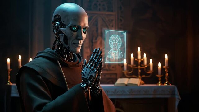 Mechanical metal robot dressed in brown robe prays with joined hands near candles, metallic monk meditates in temple room, spiritual machine sits in dark monastery with glowing sacred symbols