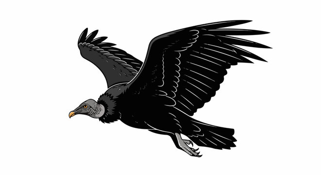 Black vulture with spread wings in flight, white background