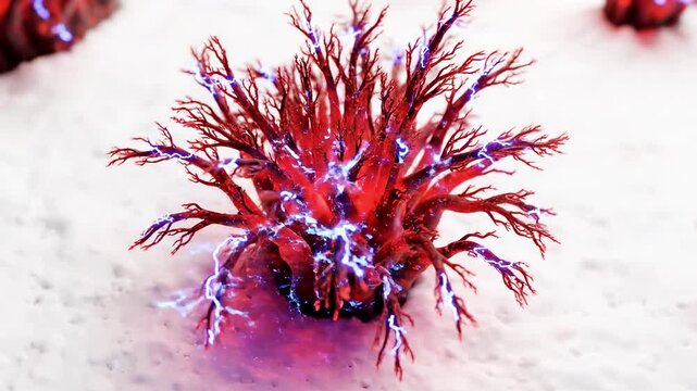 A vibrant red organism with purple appendages on a speckled surface