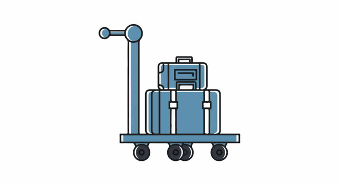 Blue luggage stacked on a transport cart with wheels and a handle