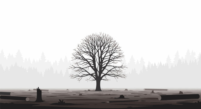 Bare tree stands in a deforested area with logs and stumps against a misty forest backdrop