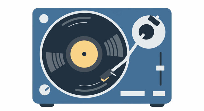 Blue turntable with a spinning vinyl record and tonearm