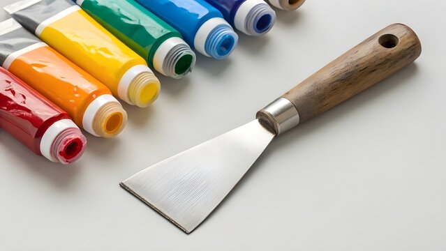 Flat Painter&rsquo;s Spatula Beside Squeezed Oil Tubes On Bright Desk Creative Artistic Composition Representing Color Texture And The Pleasure Of Expressive Creation