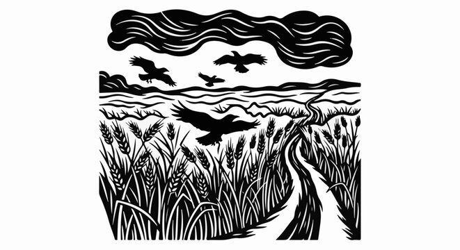 Birds soar over a winding path through a field of wheat under a stormy sky