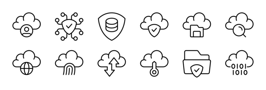 Cloud Security thin line icon set. Digital Protection, Cybersecurity, Data Privacy, Secure Network, Encryption concept. Black outline vector icons collection.