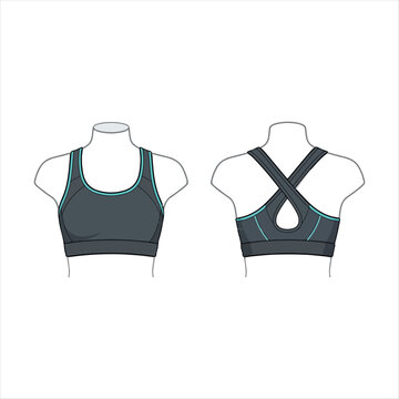 Gray sports bra with teal accents on mannequin fronts and back views