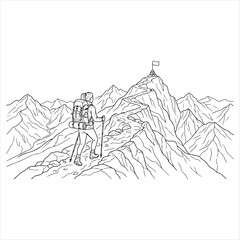 Obraz premium Hiker standing on mountain peak looking at flag on distant summit