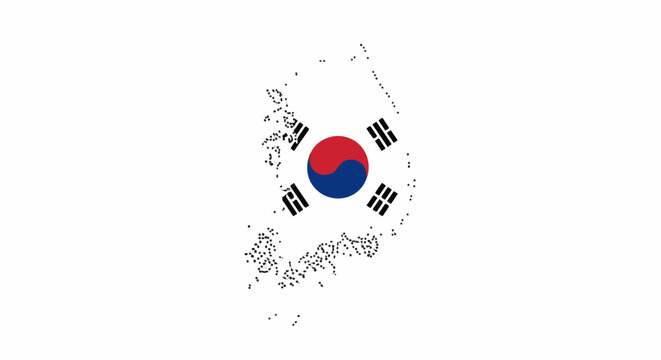 Abstract map of a nation formed by dots, centered on its flag