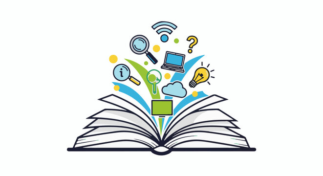 An open book releases symbols of knowledge, technology, and questions into the air