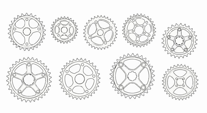 Assorted gears with toothed edges and circular cutouts, sketched