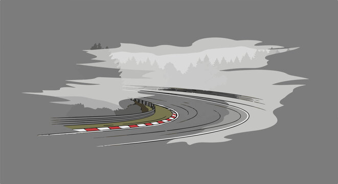 Asphalt race track curves through a foggy forest landscape