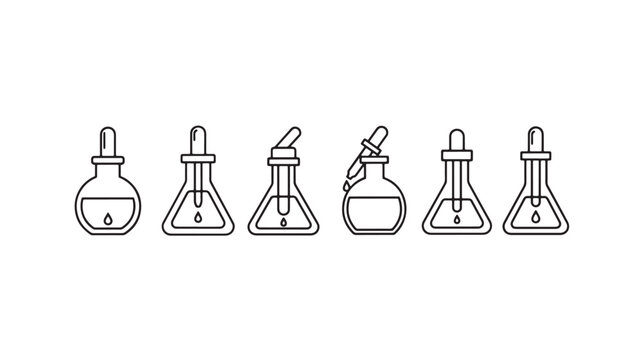 Flask silhouette set with chemical liquid icons, lab glassware outline design for education and science presentations