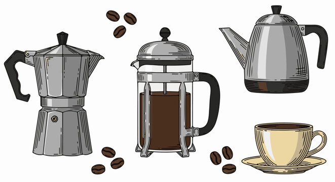 Assortment of coffee brewing devices, cup, and beans