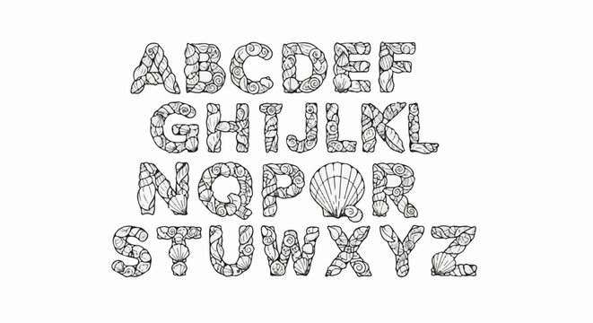 Alphabetical letters designed with seashell patterns and marine elements