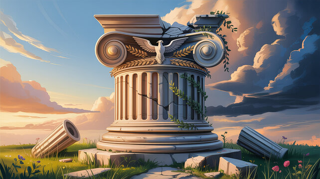 Ancient Column's Tale: A weathered classical column stands, a testament to time and history, under a vast sky, evoking a sense of ancient grandeur and historical significance.