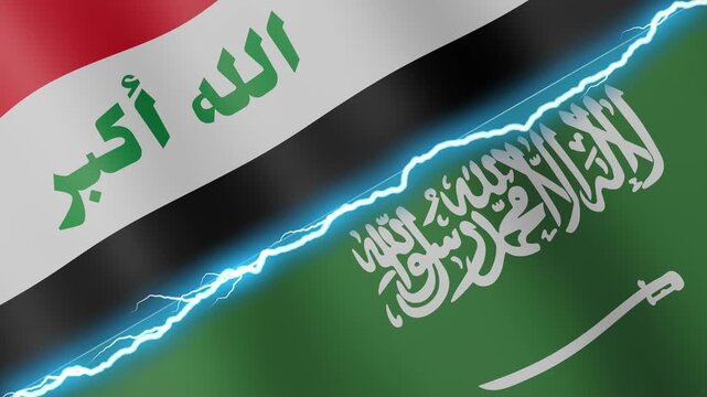Two waving flags Iraq and Saudi Arabia with diagonal lightning seamless, 4k loop