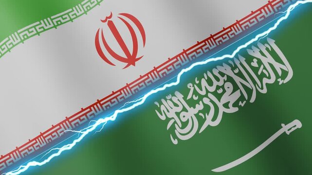 Two waving flags Iran and Saudi Arabia with diagonal lightning seamless, 4k loop
