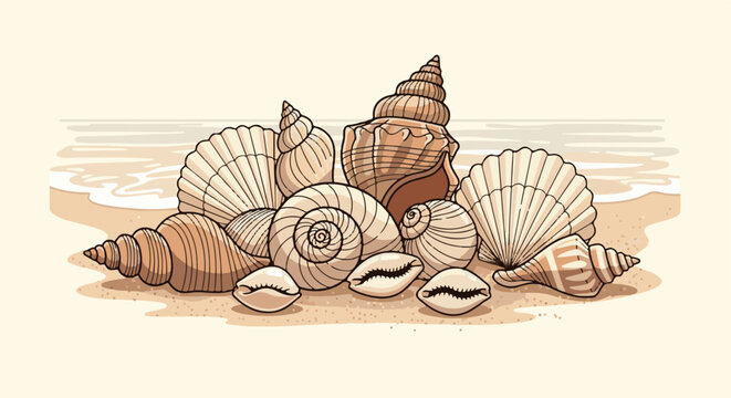 Assortment of seashells and cowries on a sandy beach with gentle waves