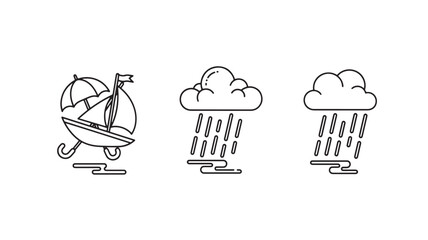Umbrella sailboat with flag icon set with rain clouds and downpour weather featuring rainy, stormy, sailing with boat and line art elements for © RASHIDAPARVIN