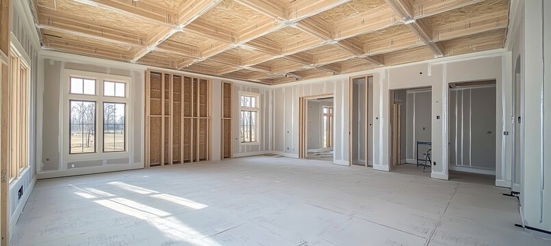 Unfinished Interior of a House Under Construction Featuring Framing, Plasterboard Walls, and More