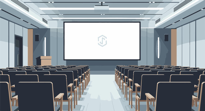 An empty, modern conference room with rows of dark chairs facing a large projector screen