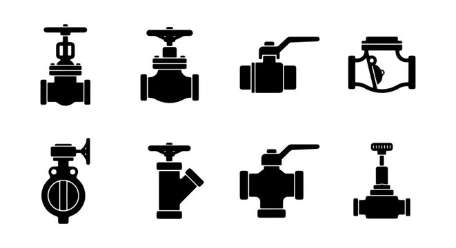Industrial Valves Collection: Gate, Ball, Butterfly, Globe, Control Icons, Plumbing Fixtures, Fluid Control Systems, Engineering Components