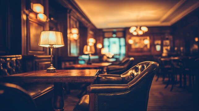 establishment. Vintage Italian bar interior with dark wood furniture and warm yellow lighting. real-estate listings.