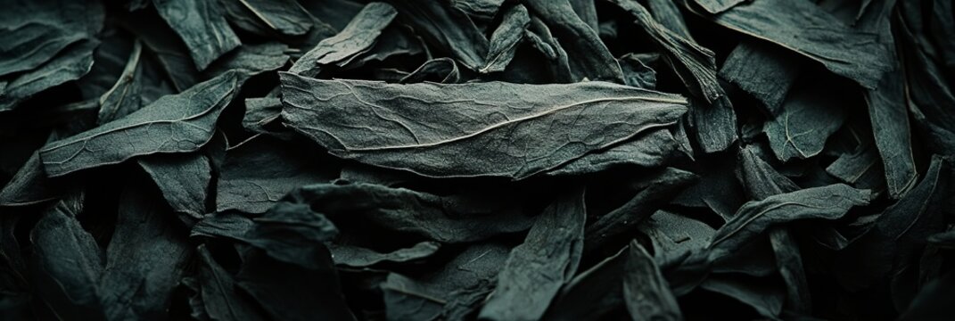 Close-Up of Crumbled Dried Collard Green Chips on Dark Textured Background with Muted Green Tones