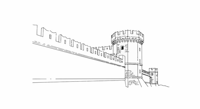 Black and white line drawing of a medieval castle wall with towers and battlements