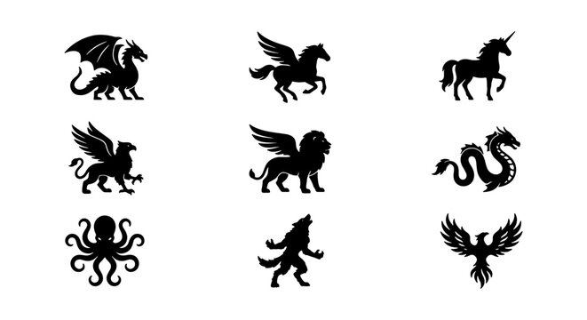 a collection of black and white vector silhouettes featuring mythical creatures such as dragons unicorns griffins lions