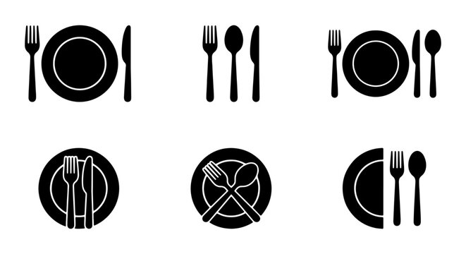 vector set of black and white dining utensils on plates with cutlery in various positions