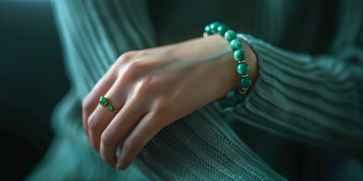 jade bracelet on woman&rsquo;s wrist