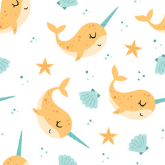 Ocean seamless pattern with cute narwhal, shell and starfish. Cartoon sea animal background. Nautical repeat design. Kids vector illustration. © JulzaArt