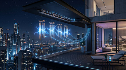 Obraz premium Futuristic wind chime energy harvesters on a luxury balcony generating blue electric sparks with a night city skyline view.