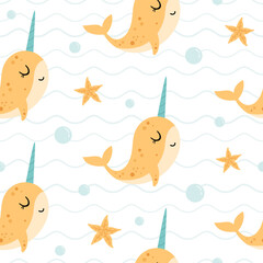 Ocean seamless pattern with cute narwhal and starfish. Cartoon sea animal background. Nautical repeat design. Kids vector illustration. © JulzaArt