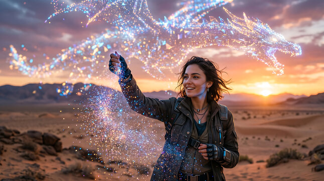 ​A young woman in a desert releasing glowing digital rainbow dust that forms a large holographic dragon in the sunset sky.