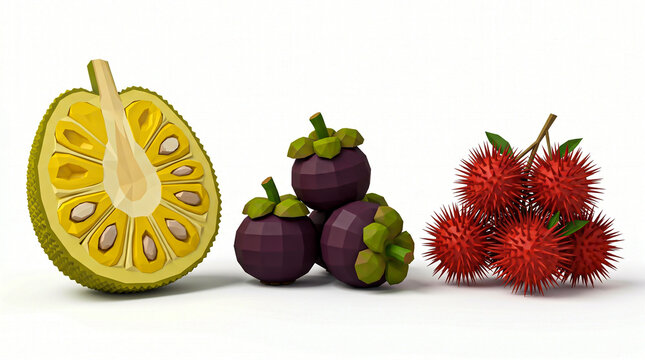 Tropical South East Asian Fruits 3D Low Poly Jackfruit, Mangosteen and Rambutan