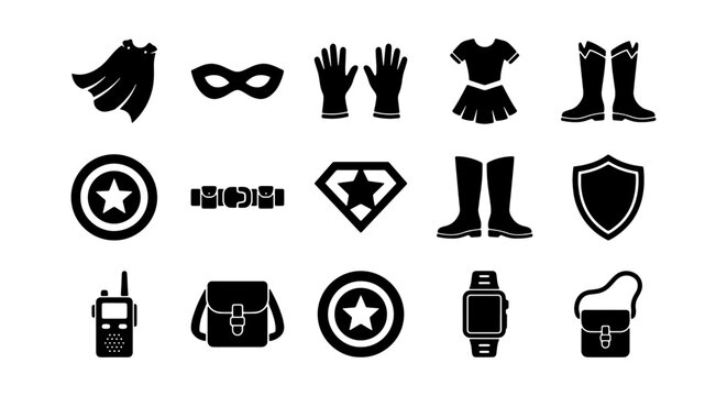a set of twelve black and white vector icons representing various superhero elements such as capes masks boots shields