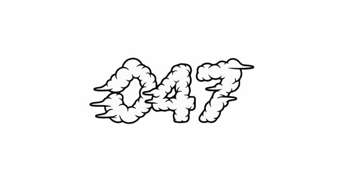 Bold, stylized numbers 047 formed from thick, swirling cloud shapes