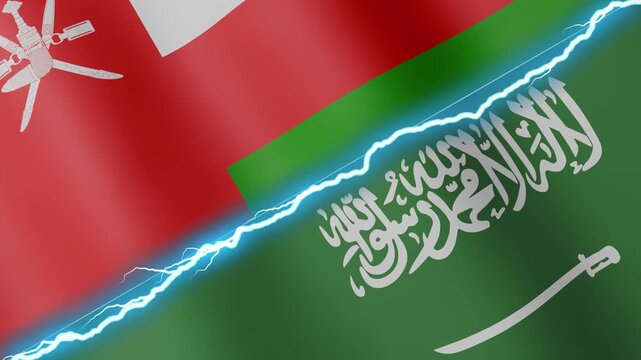 Two waving flags Oman and Saudi Arabia with diagonal lightning seamless, 4k loop