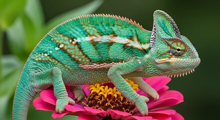 Fototapeta premium Chameleon sitting on colorful flowers