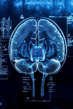 Futuristic technology visualization of a human brain with implanted chip and neural network concept