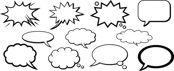 Fototapeta premium Comic dialogue bubble pack, vector illustration set featuring multiple speech balloons and thought clouds for character conversation, storytelling design, pop art graphics, and creative editorial use.